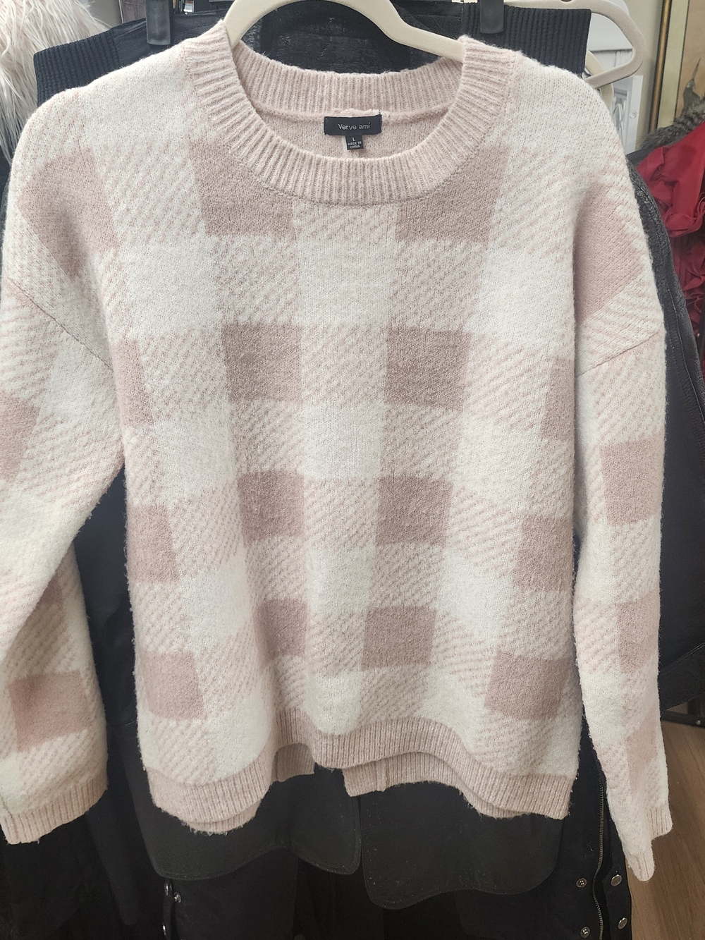 Verve Ami Pink and Cream Checked Crew Neck Sweater